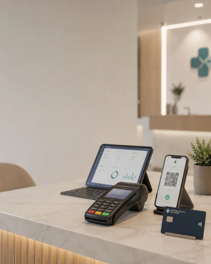 Terminal de pago, cobro por código QR, tarjeta corporativa y panel de control en una clínica