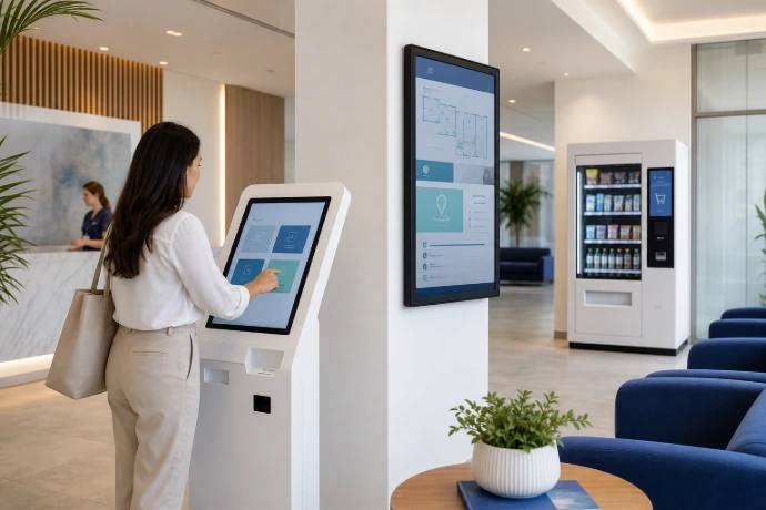 Kiosco de autogestión, pantalla interactiva y vending especializado dentro de una clínica moderna